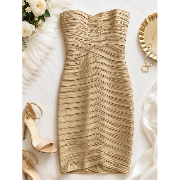 BCBGMaxAzria Dresses & Skirts - BCBGMaxAzria Metallic Gold Strapless Ruched Bodycon Dress